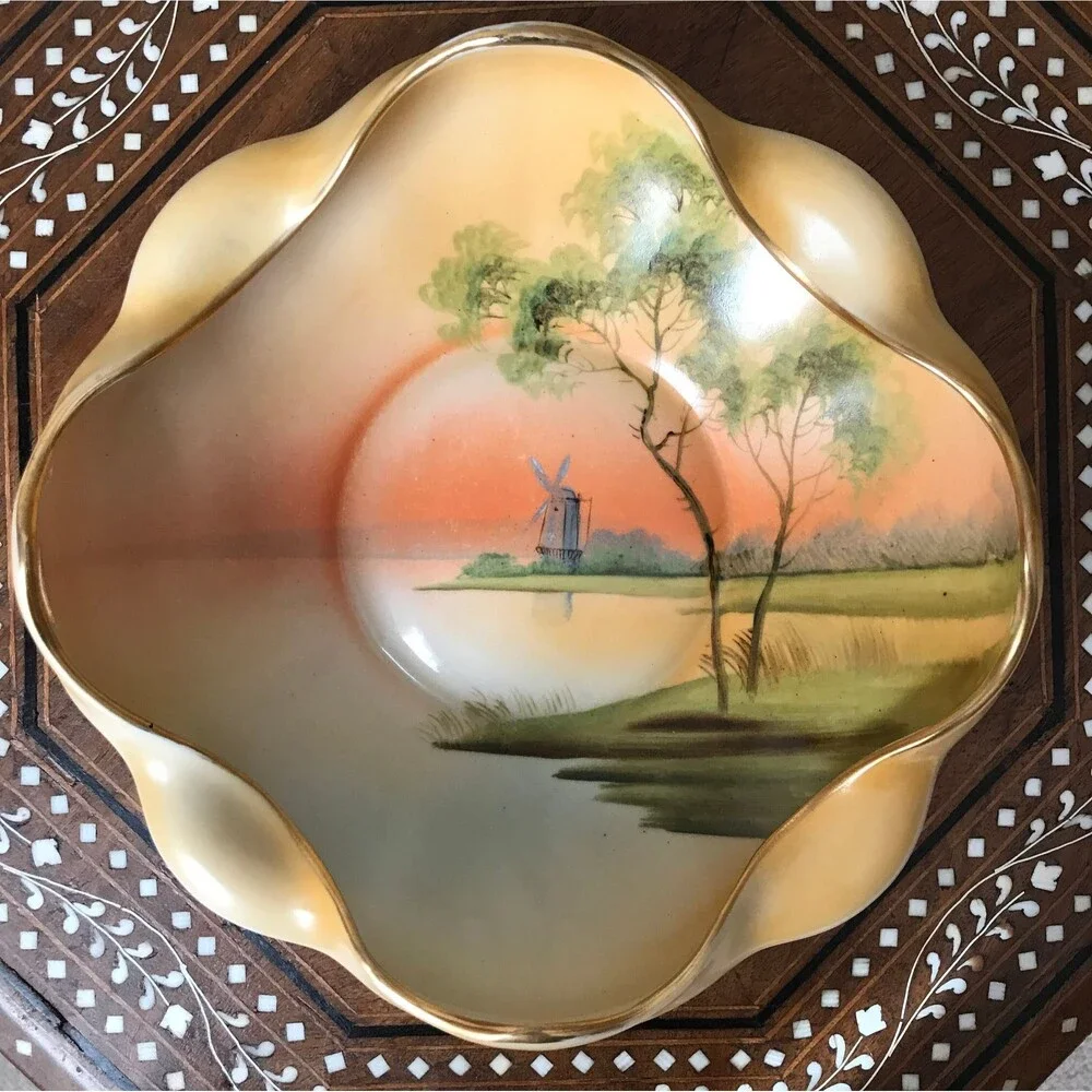 Vintage Nippon Ruffled Hand Painted Bowl Lake Scene Windmill